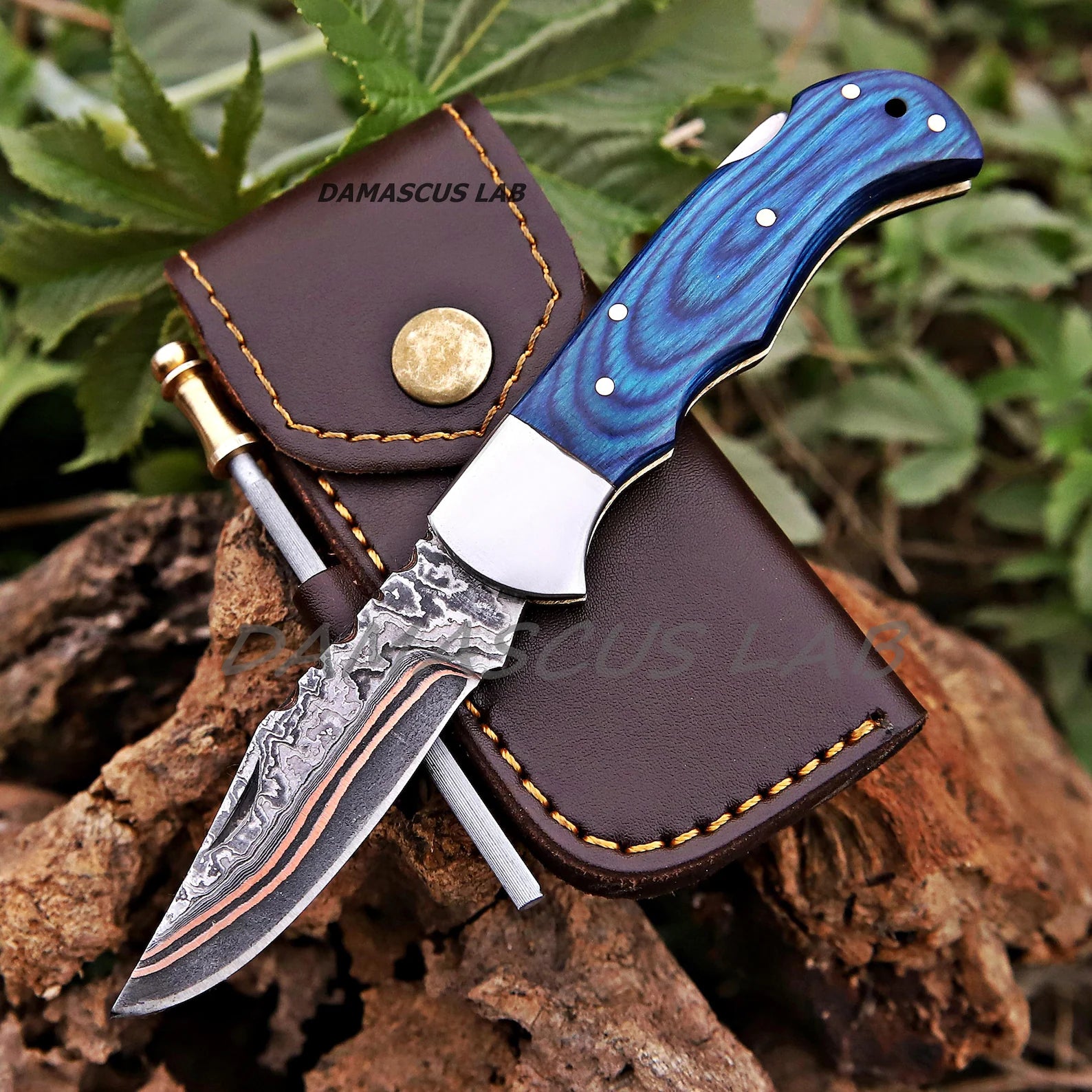 Handmade Copper Damascus Folding Knife