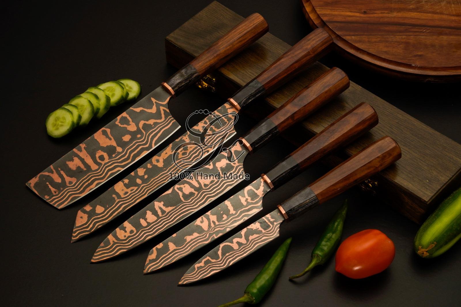 Handmade Damascus Chef Knife Set, Octagon Wood Handle