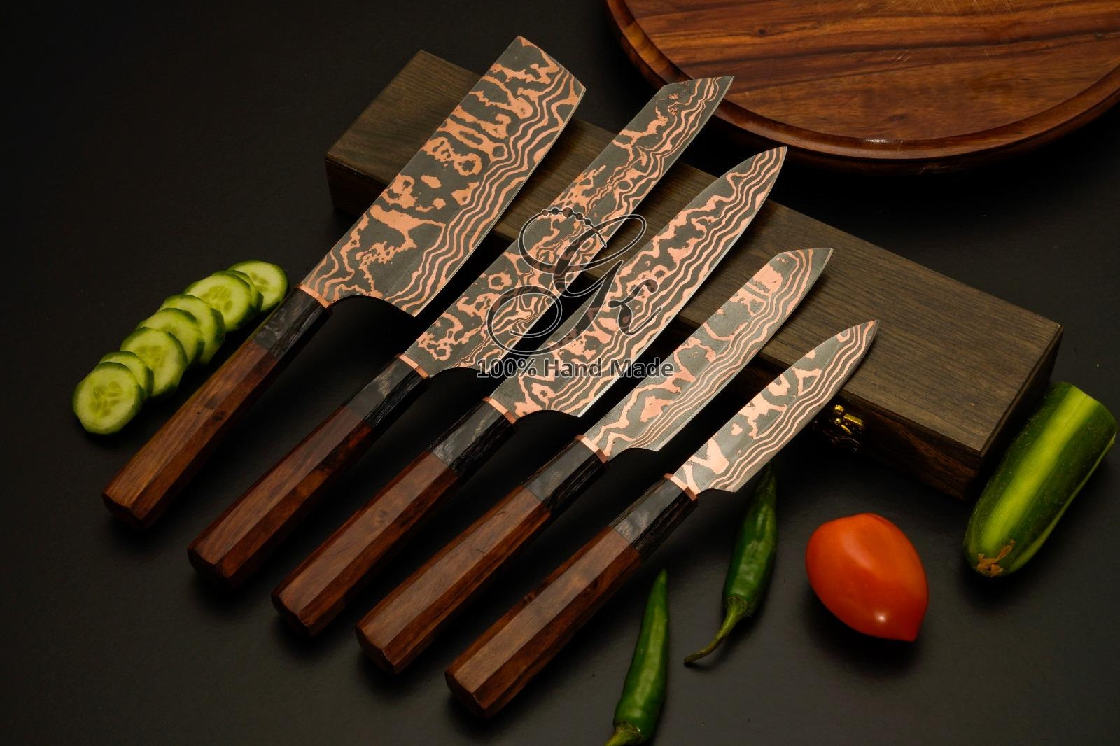 Handmade Damascus Chef Knife Set, Octagon Wood Handle
