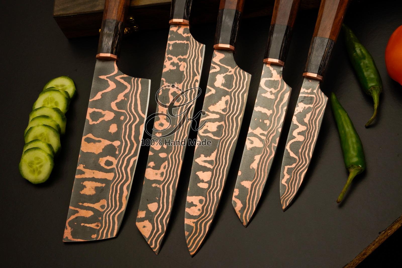 Handmade Damascus Chef Knife Set, Octagon Wood Handle