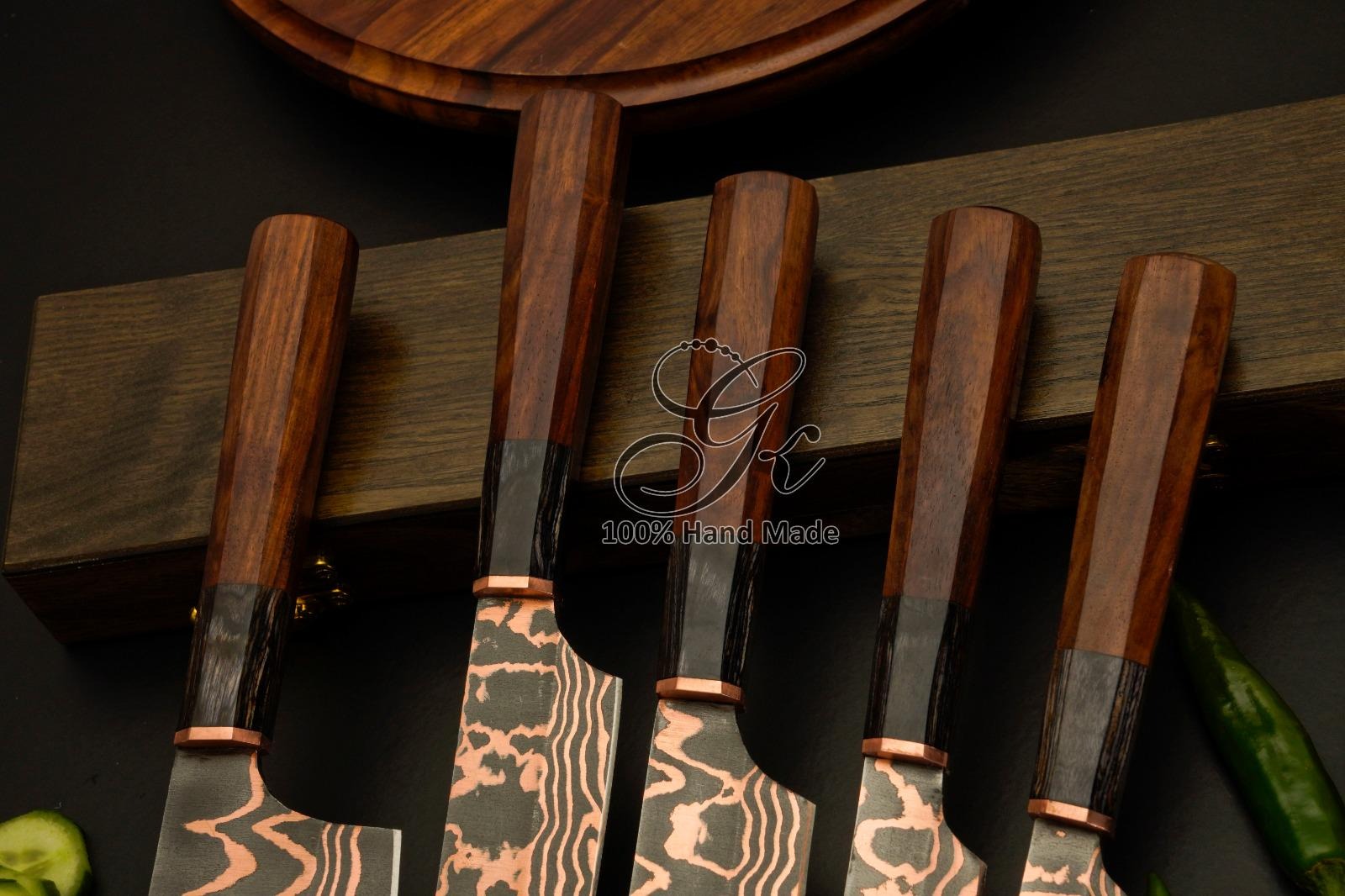 Handmade Damascus Chef Knife Set, Octagon Wood Handle