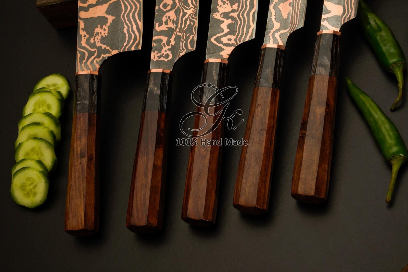 Handmade Damascus Chef Knife Set, Octagon Wood Handle