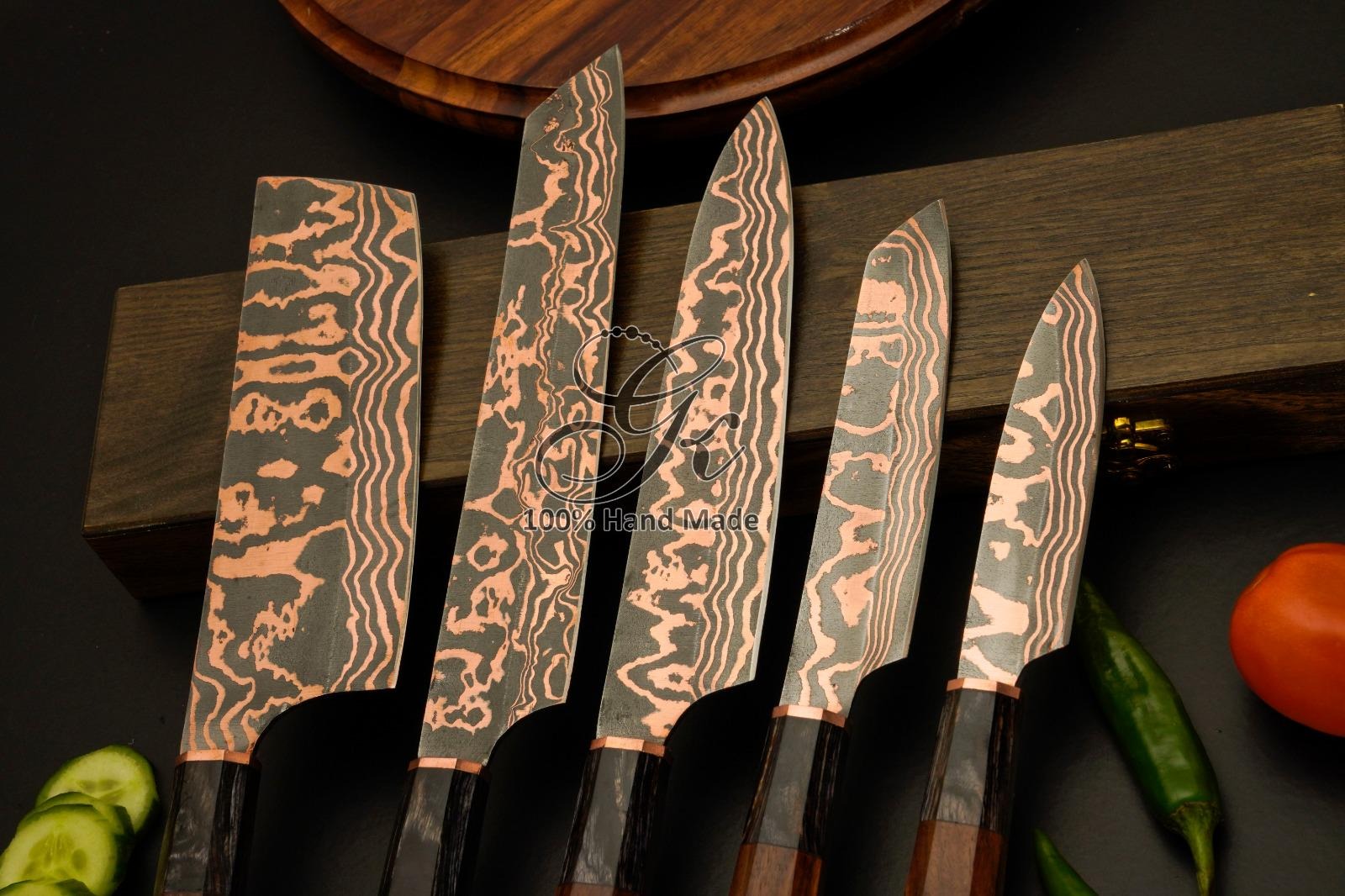 Handmade Damascus Chef Knife Set, Octagon Wood Handle