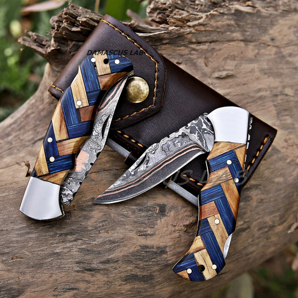 Handmade Damascus Folding Knife, Rose Wood Handle