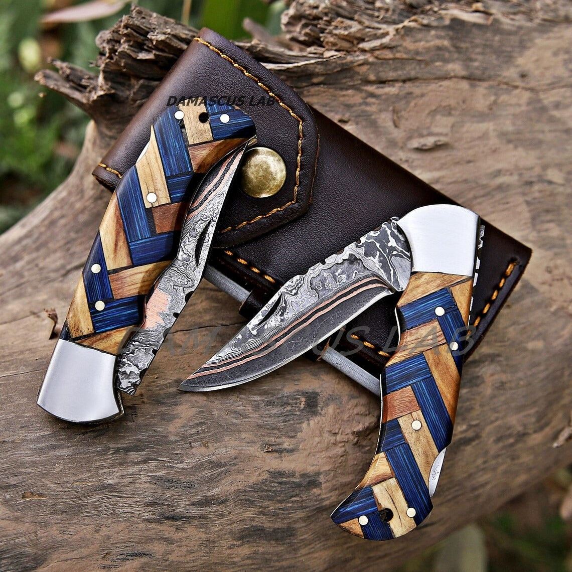 Handmade Damascus Folding Knife, Rose Wood Handle