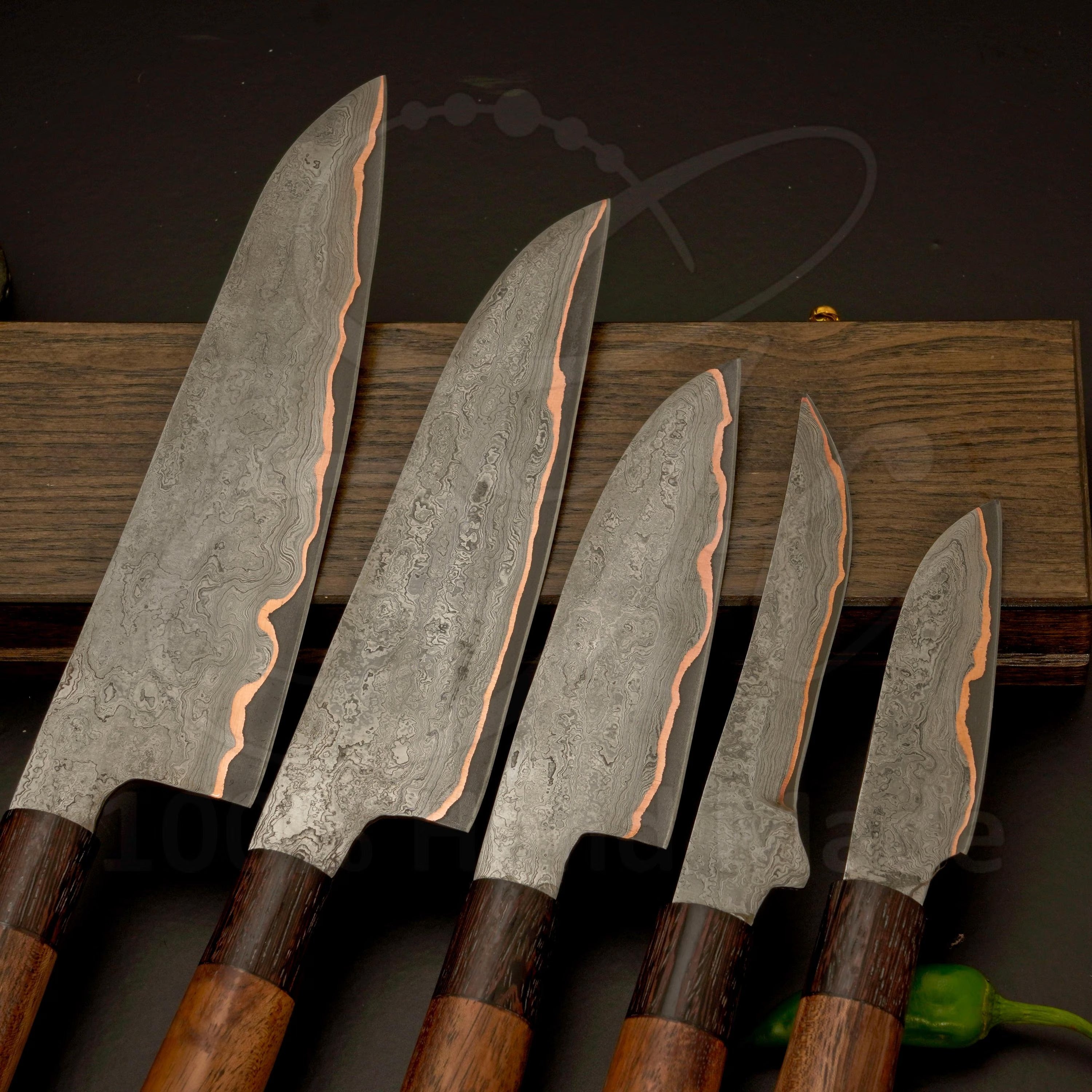 Handmade Copper Damascus Chef Knife Set, Leather Bag