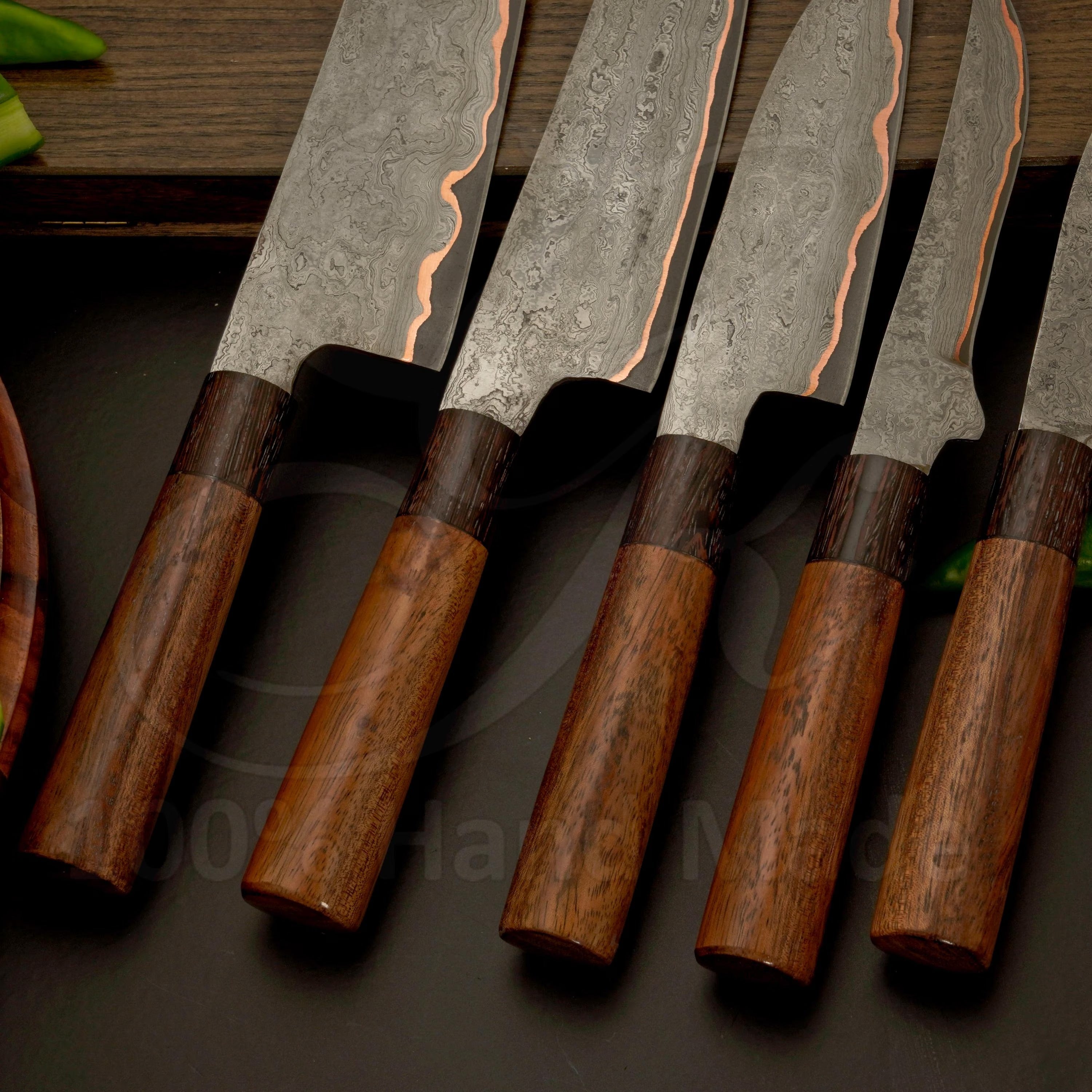 Handmade Copper Damascus Chef Knife Set, Leather Bag