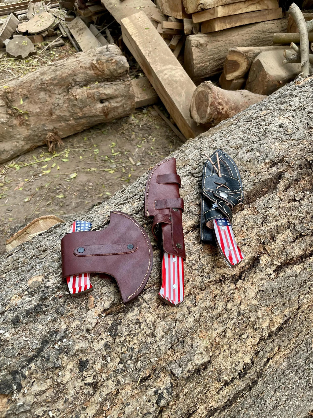 Handmade Damascus Knife & Pizza cutter | American Flag Handle |With Leather Sheath