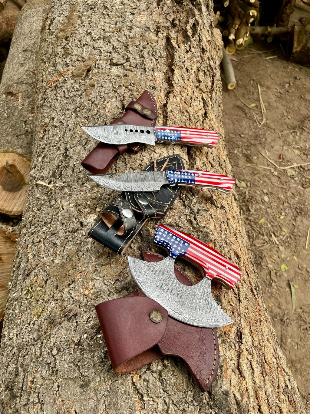 Handmade Damascus Knife & Pizza cutter | American Flag Handle |With Leather Sheath