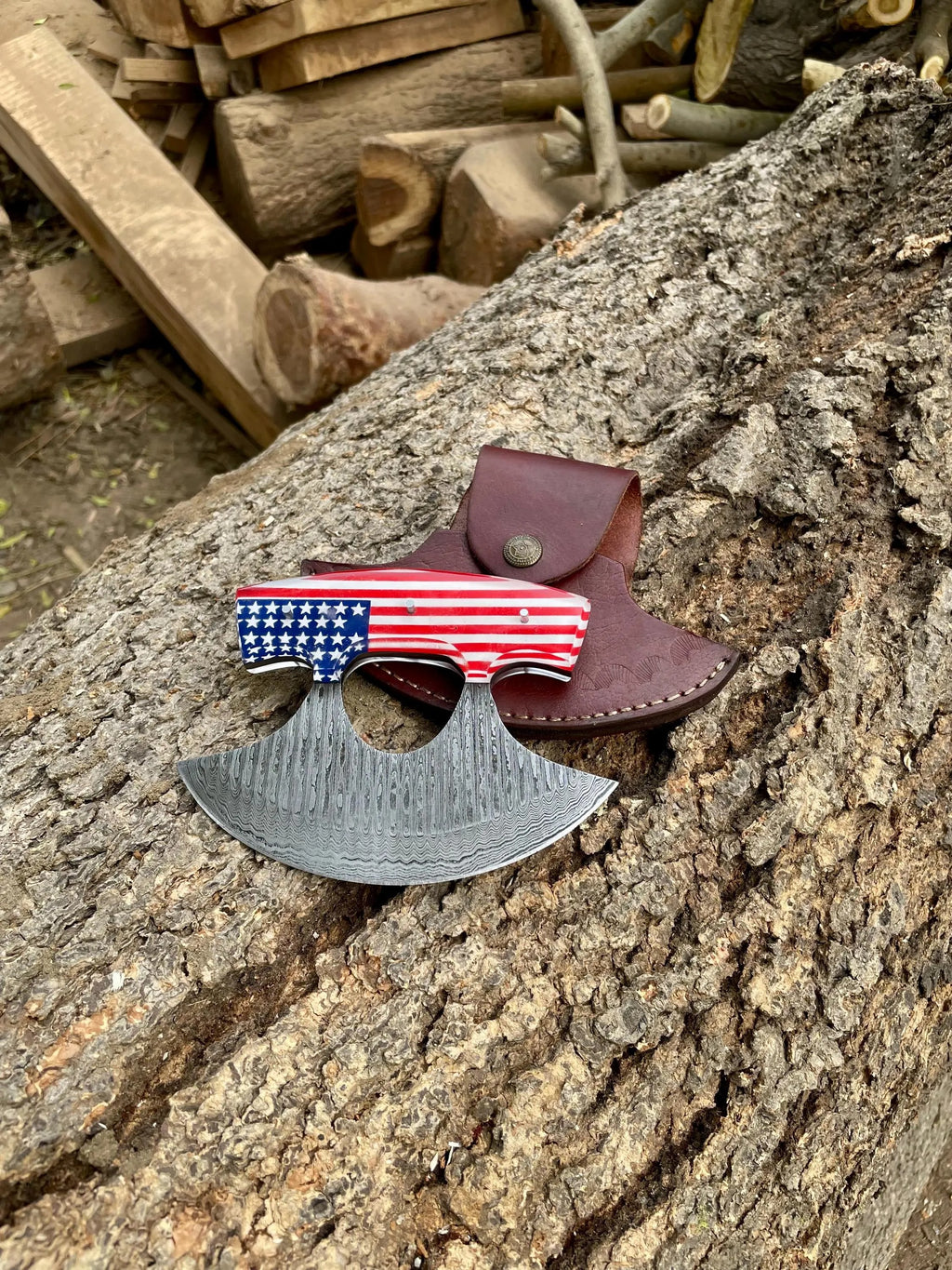 Handmade Damascus Knife & Pizza cutter | American Flag Handle |With Leather Sheath