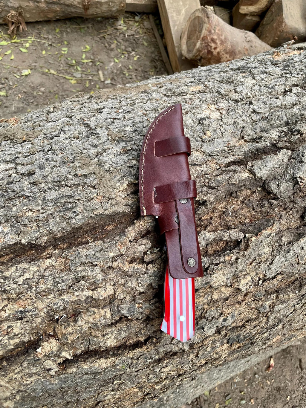 Handmade Damascus Knife & Pizza cutter | American Flag Handle |With Leather Sheath