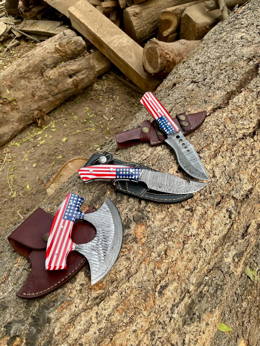 Handmade Damascus Knife & Pizza cutter | American Flag Handle |With Leather Sheath