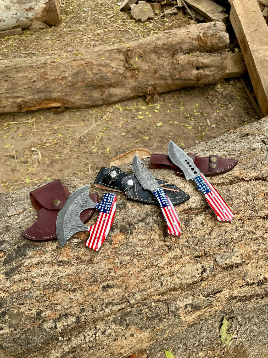 Handmade Damascus Knife & Pizza cutter | American Flag Handle |With Leather Sheath
