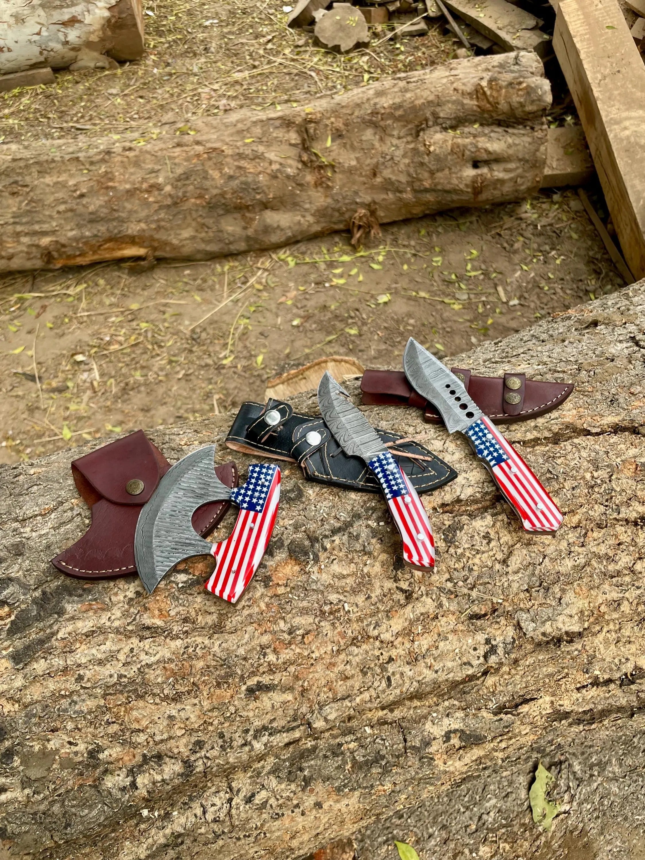 Handmade Damascus Knife & Pizza cutter | American Flag Handle |With Leather Sheath