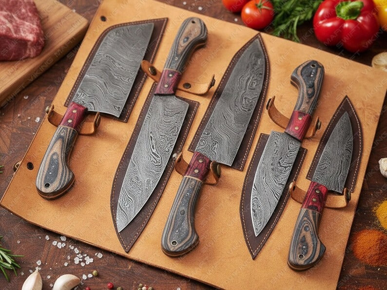 Handmade Damascus Steel Chef Knife Set, Kitchen Knives