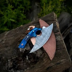 Handmade Damascus Ulu knife, Kitchen Chef Knives, Camping, Adventure Pizza Cutter,