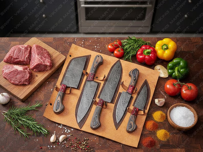 Handmade Damascus Steel Chef Knife Set, Kitchen Knives