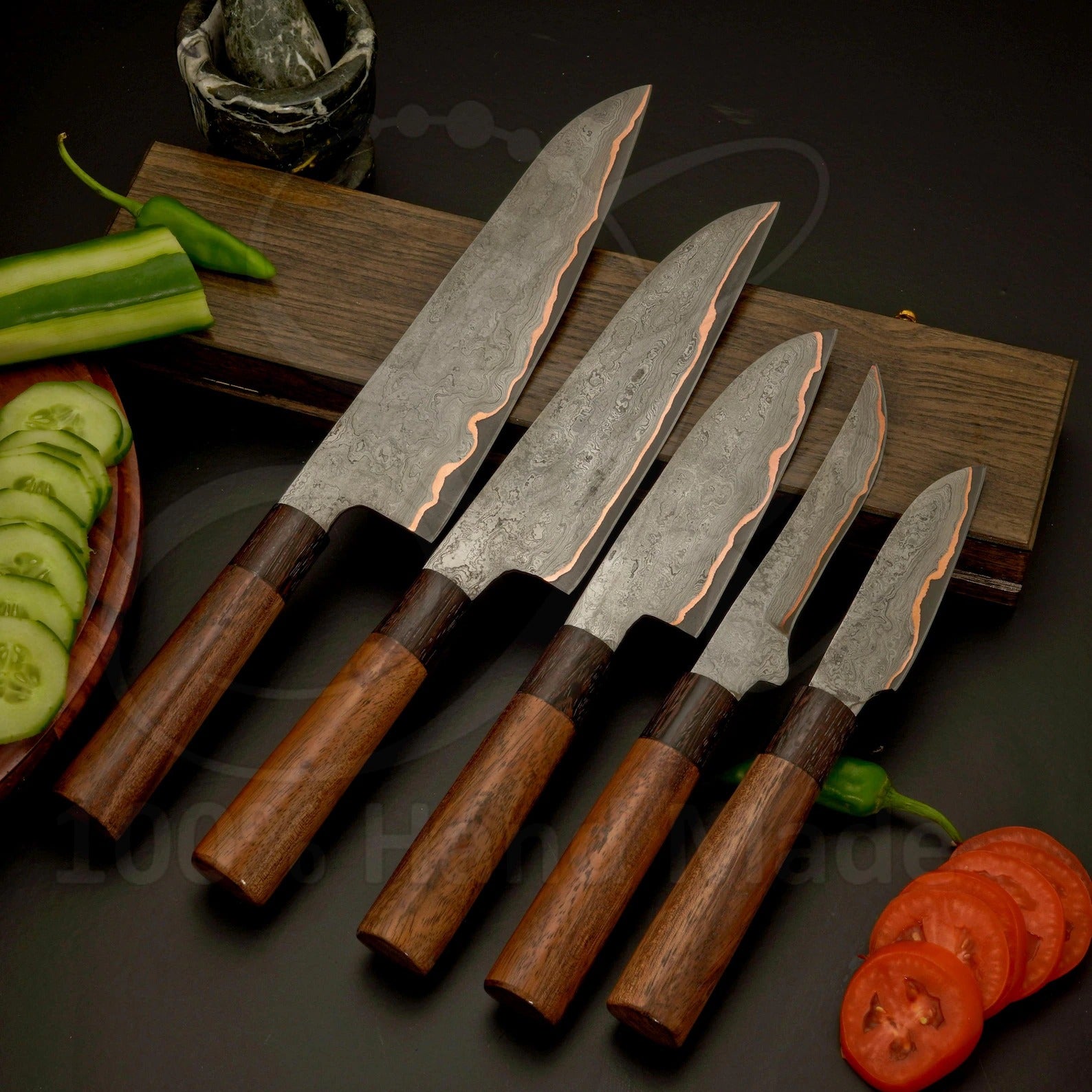 Handmade Copper Damascus Chef Knife Set, Leather Bag