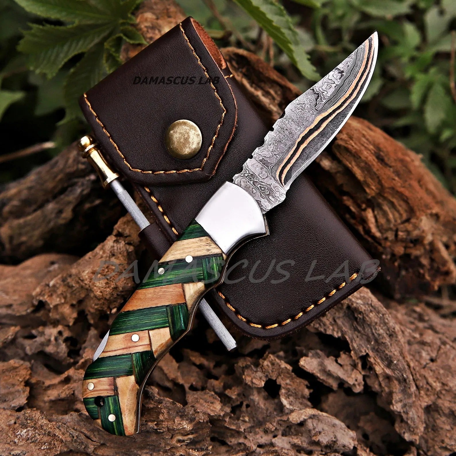 Handmade Damascus Folding Knife, Rose Wood Handle