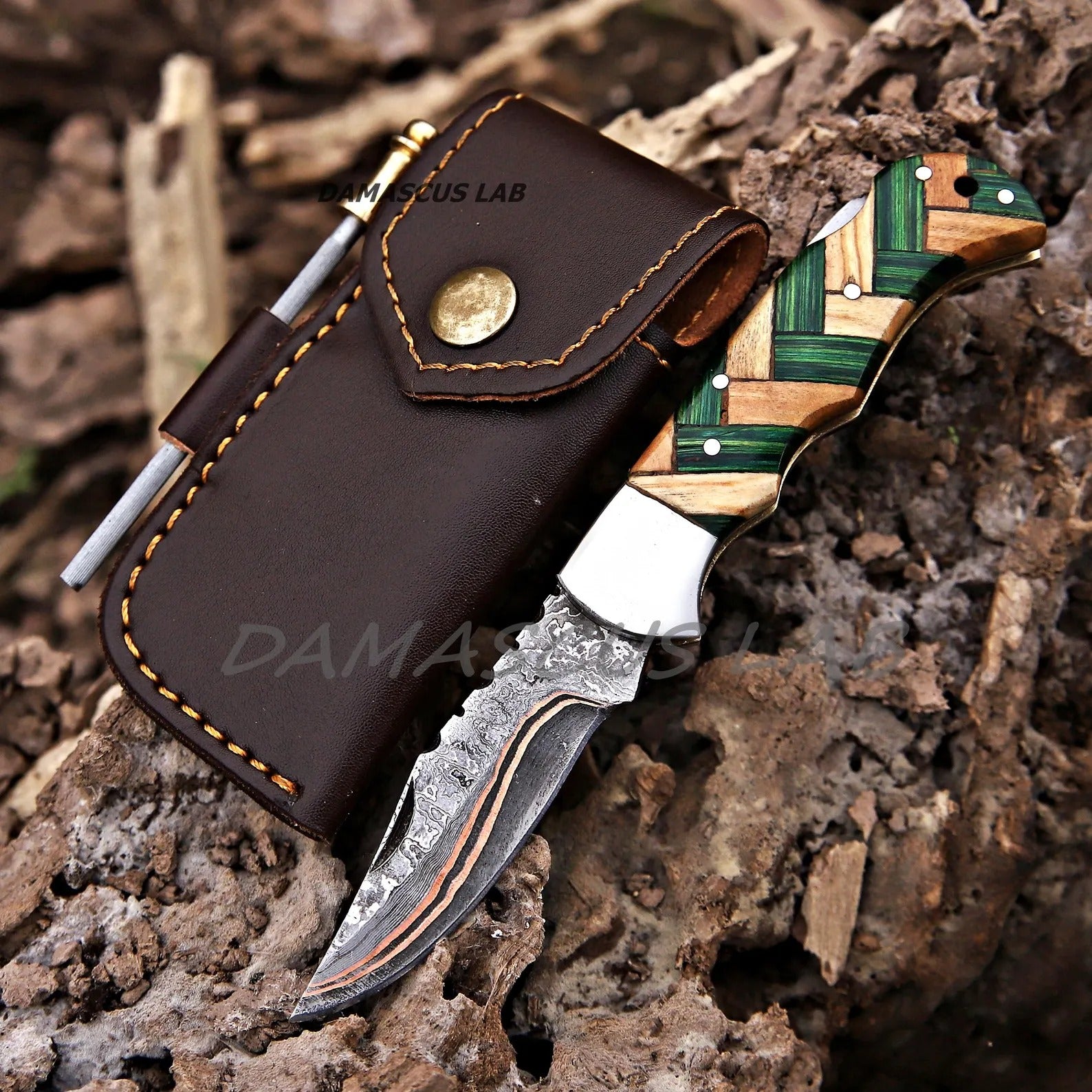 Handmade Damascus Folding Knife, Rose Wood Handle