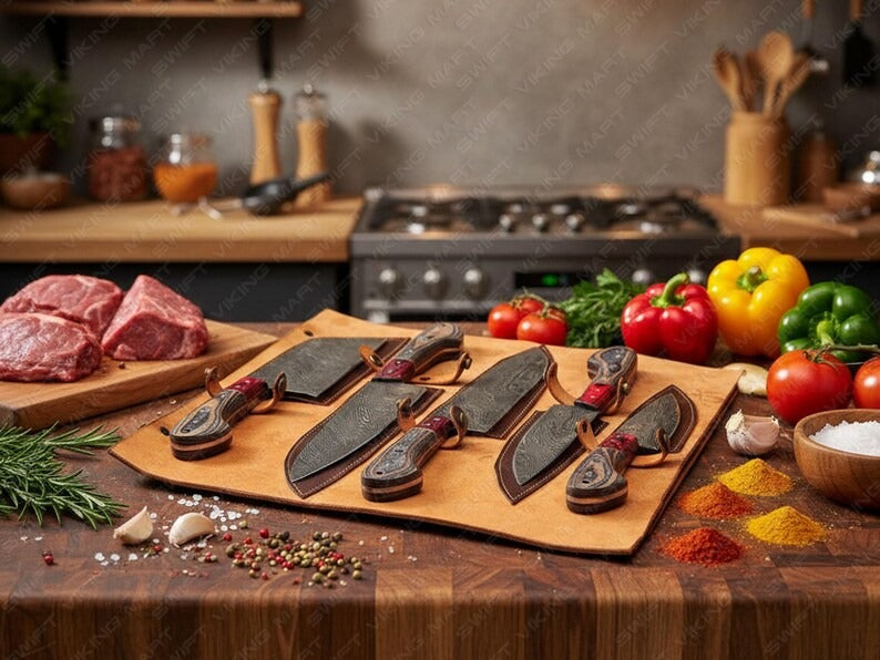Handmade Damascus Steel Chef Knife Set, Kitchen Knives
