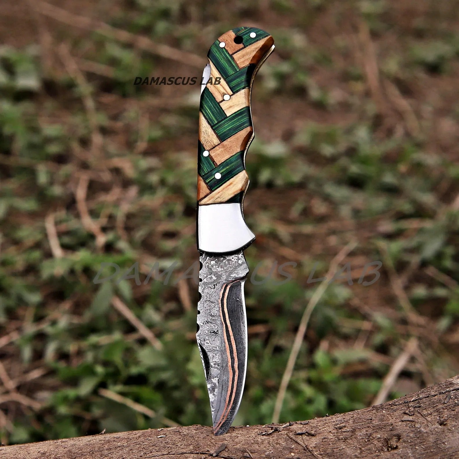 Handmade Damascus Folding Knife, Rose Wood Handle