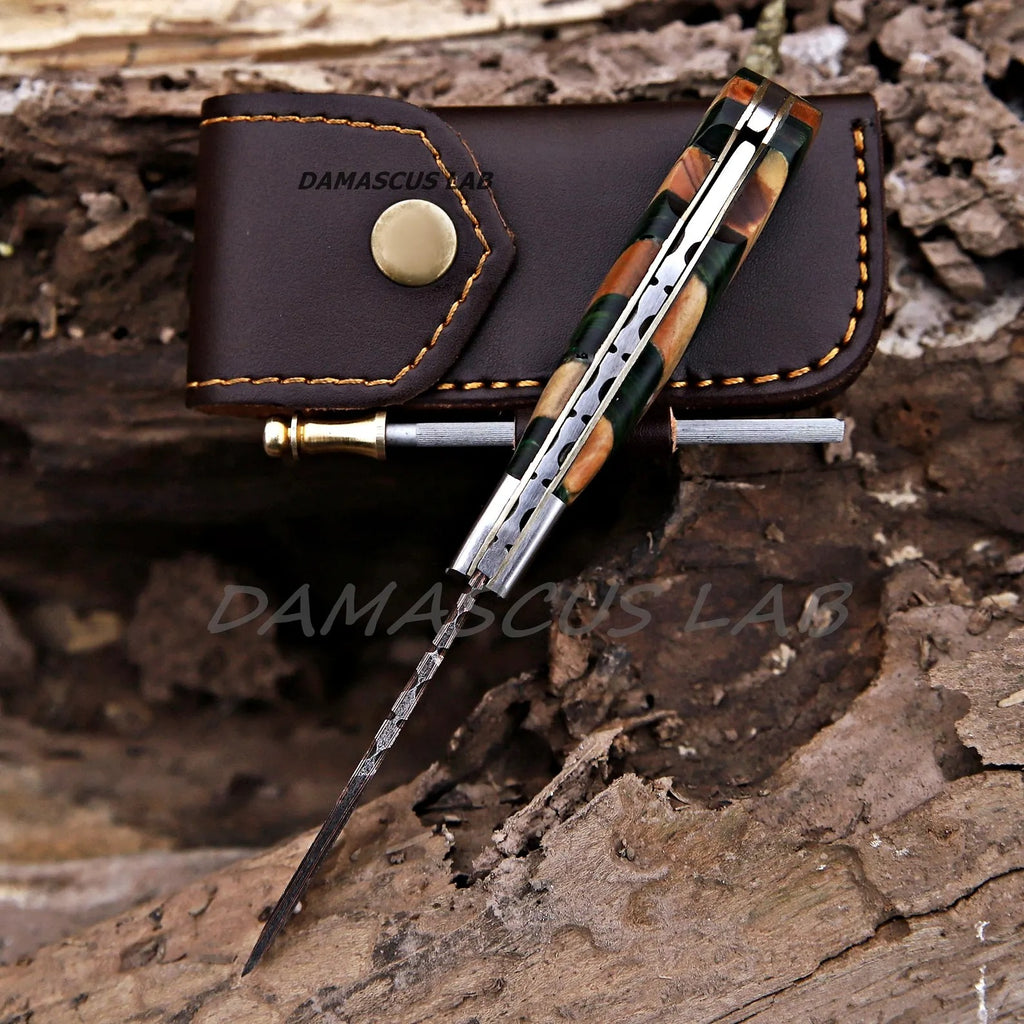 Handmade Damascus Folding Knife, Rose Wood Handle