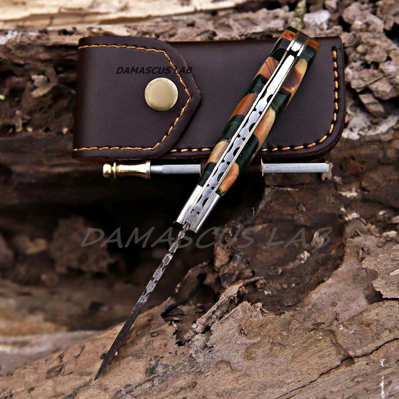 Handmade Damascus Folding Knife, Rose Wood Handle