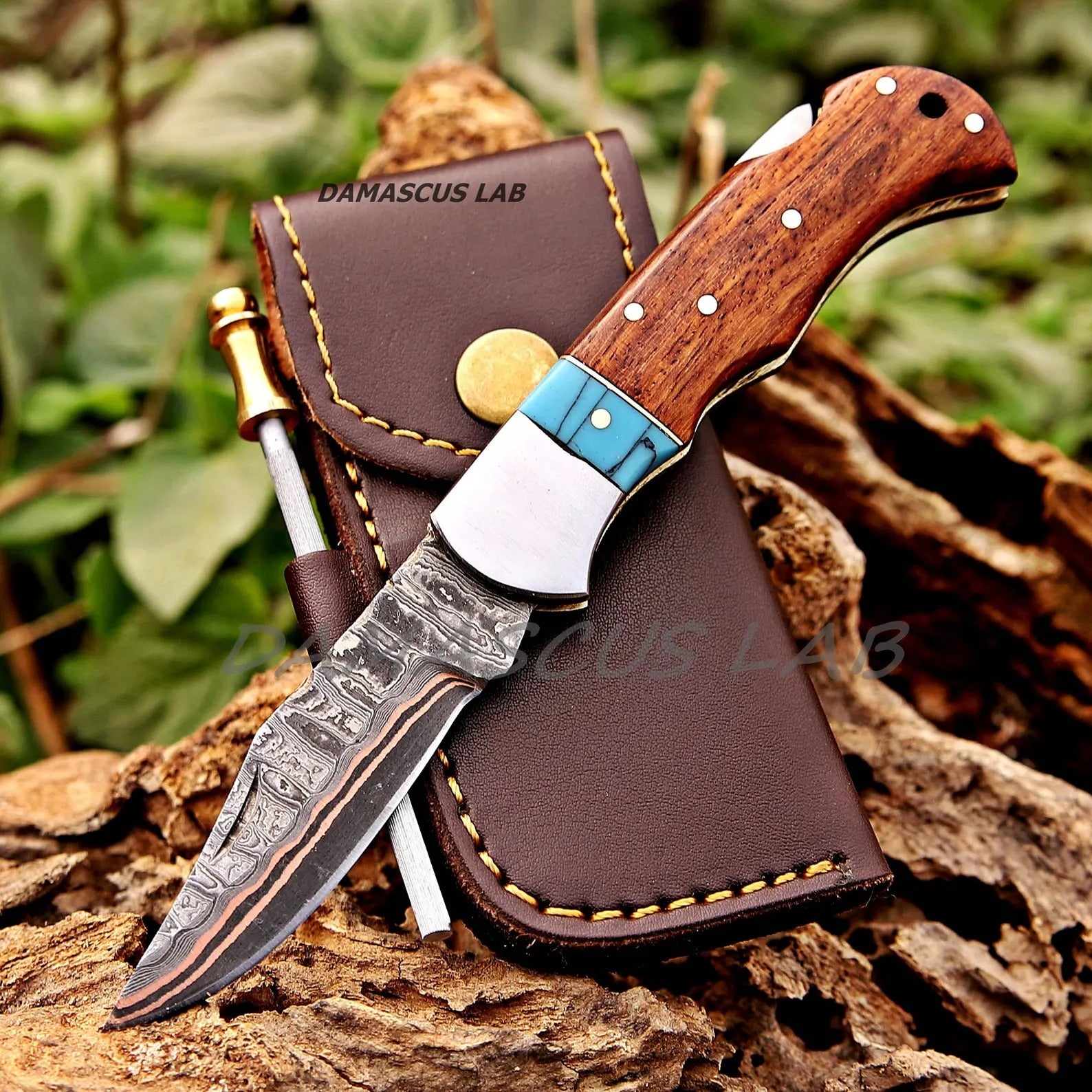 Handmade Copper Damascus Folding Knife